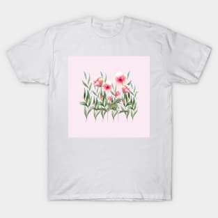 Watercolor red flowers and leaves illustration T-Shirt